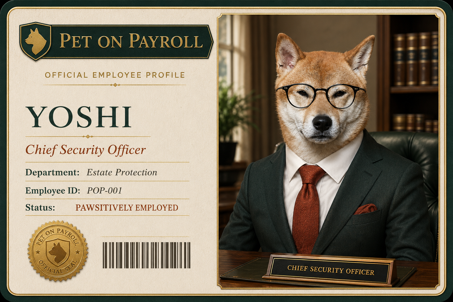Yoshi dressed in a business suit and glasses on his Pet on Payroll employee profile